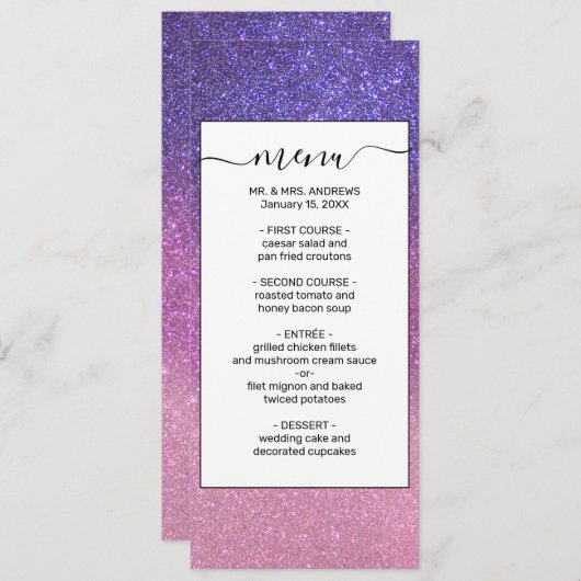 Violet Princess Blush Pink Triple Glitter Ombre Menu (Voorkant / Achterkant)