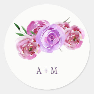 Violet pruim blush pioenen boeket bruiloft monogra ronde sticker