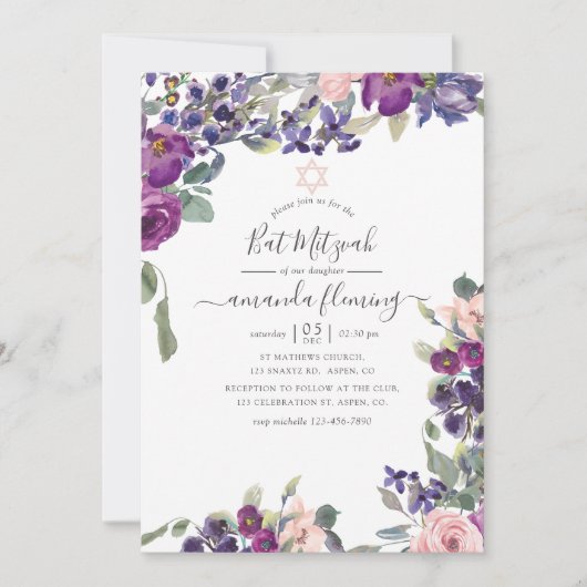 Violet, Pruim en Blush Bloemvleermuis Mitzvah Kaart (Voorkant)