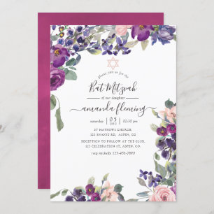 Violet, Pruim en Blush Bloemvleermuis Mitzvah Kaart