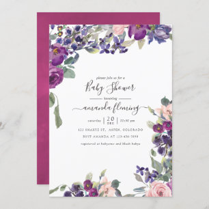 Violet, pruimel en blush Floral Baby shower Kaart