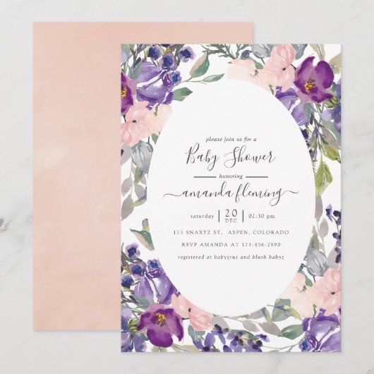 Violet, pruimel en blush Floral Baby shower Kaart (Voorkant / Achterkant)