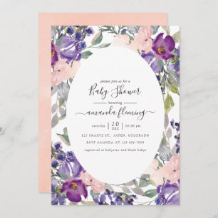 Violet, pruimel en blush Floral Baby shower Kaart