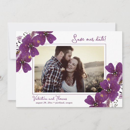  Violet Purple Flowers Save the Date Aankondiging (Voorkant)