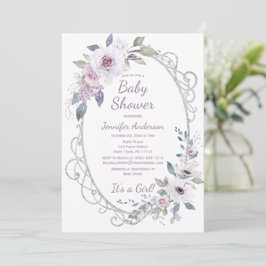 Violet Roos Bloemen Zilver Glitter Meisje Baby sho Kaart (Staand voorkant)