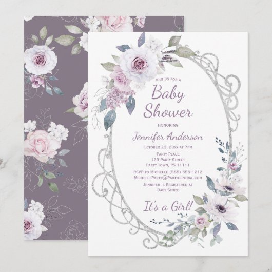 Violet Roos Bloemen Zilver Glitter Meisje Baby sho Kaart (Voorkant / Achterkant)