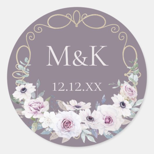 Violet Roos Floral met Monogrammen Ronde Sticker (Voorkant)
