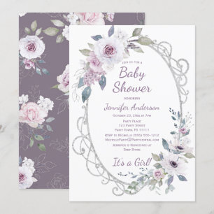 Violet Roos Floral Silver Glitter Girl Baby shower Kaart