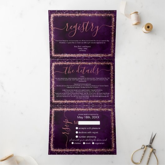 Violet Roos Gold Sprinkled Confetti Detail RSVP Drieluik Uitnodiging (Binnen)