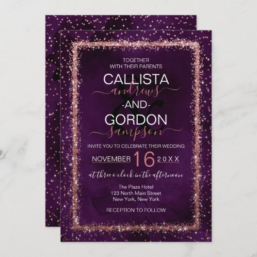 Violet Roos goudbesproeide Confetti bruiloft Kaart (Voorkant / Achterkant)