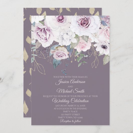 Violet Roos Gouden BLADEREN Bloemen Bruiloft Kaart (Voorkant / Achterkant)