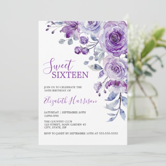 Violet Roos Greenery Bloemen Verjaardag Kaart (Staand voorkant)