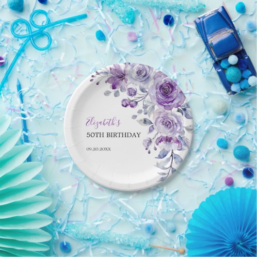 Violet Roos Greenery Bloemen Verjaardag Papieren Bordje (Feest)