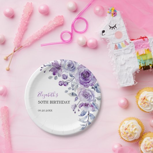 Violet Roos Greenery Bloemen Verjaardag Papieren Bordje (Feest)
