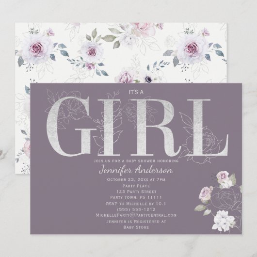 Violet Roos Silver Baby Girl Shower Kaart (Voorkant / Achterkant)