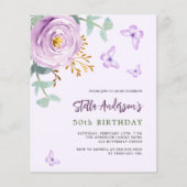 Violet roos vlinder budget verjaardagsuitnodiging (Voorkant)