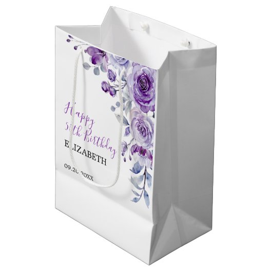 Violet Rose Greenery Floral Birthday  Medium Cadeauzakje (Voorkant Gekanteld)
