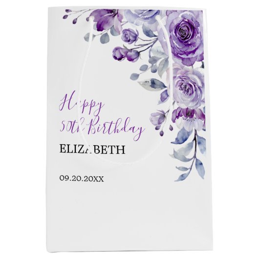 Violet Rose Greenery Floral Birthday Medium Cadeauzakje (Voorkant)