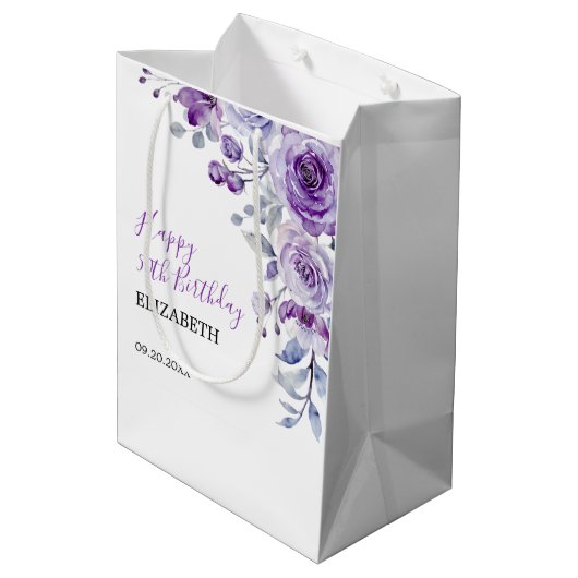 Violet Rose Greenery Floral Birthday  Medium Cadeauzakje (Achterkant Gekanteld)