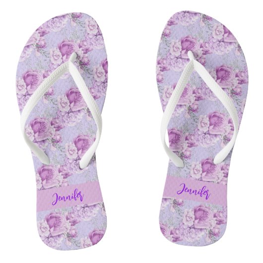 Violet roze bloemen roos naam script teenslippers (Voetbed)