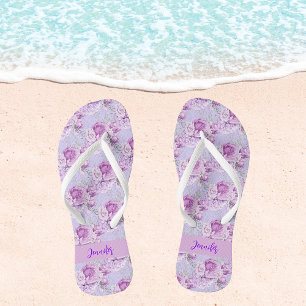 Violet roze bloemen roos naam script teenslippers