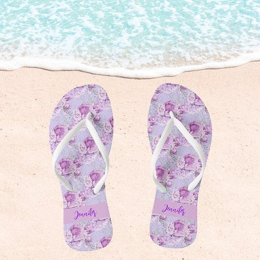 Violet roze bloemen roos naam script teenslippers