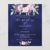 Violet roze bloemenblauw budget bruiloft uitnodigi (Voorkant)