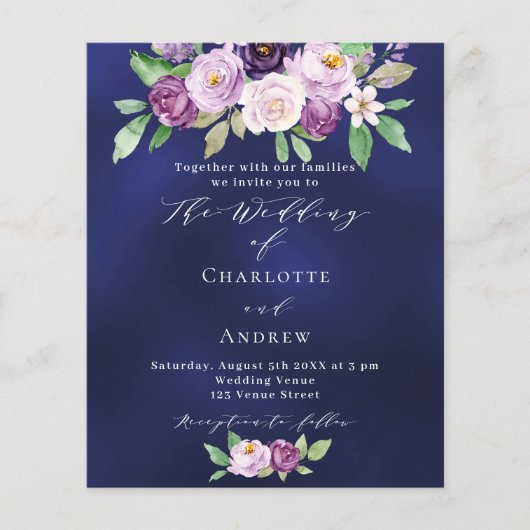 Violet roze bloemenblauw budget bruiloft uitnodigi (Voorkant)
