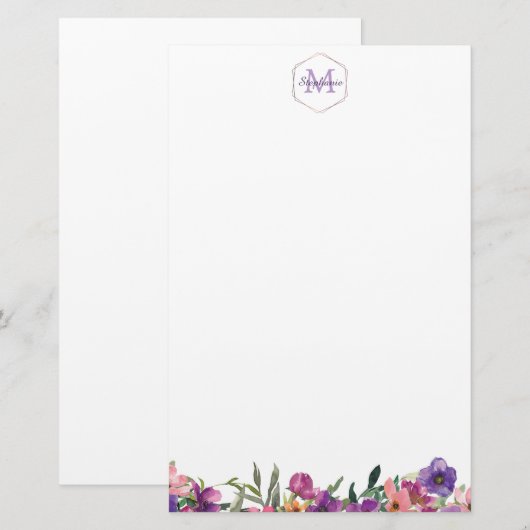 Violet Roze en Blue Floral Border Monogram Briefpapier (Voorkant / Achterkant)