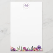 Violet Roze en Blue Floral Border Monogram Briefpapier (Voorkant)