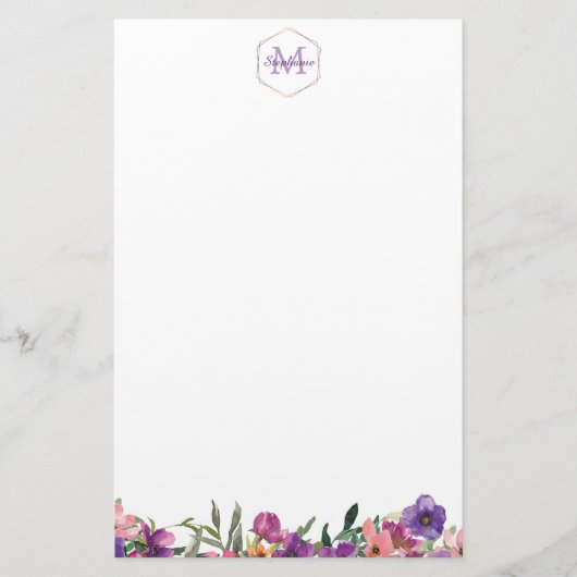 Violet Roze en Blue Floral Border Monogram Briefpapier (Voorkant)