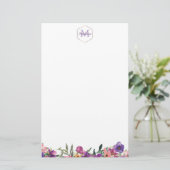 Violet Roze en Blue Floral Border Monogram Briefpapier (Staand voorkant)