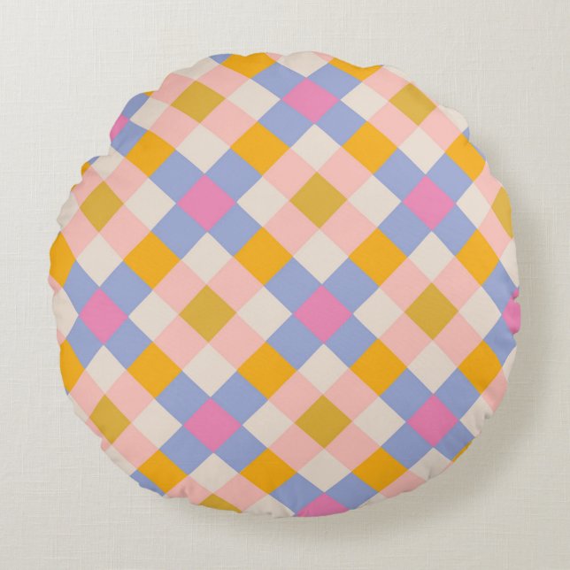 Violet roze geel cheques rond kussen (Voorkant)