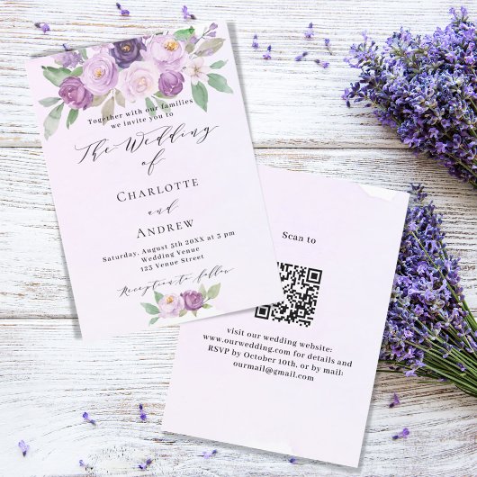 Violet roze paarse bloemen rozen QR RSVP bruiloft Kaart