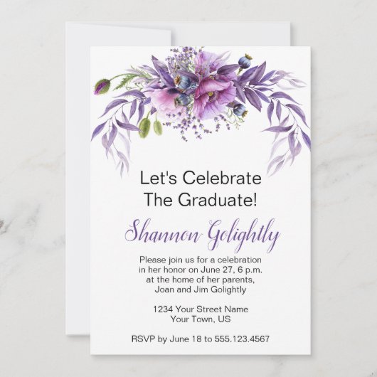 Violet Roze Paarse Wildflower Graduation Party Kaart (Voorkant)