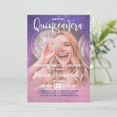 Violet Roze Triple Glitter Ombre Foto Quinceañera Kaart (Staand voorkant)