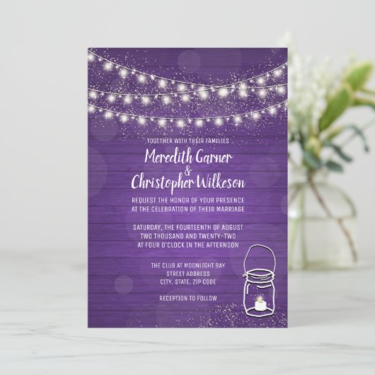 Violet Rustic Mason Jar Lights Weddenschap Kaart (Staand voorkant)