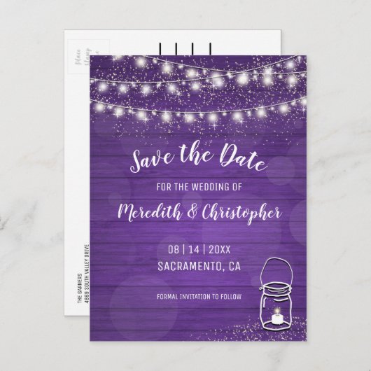 Violet Rustic Mason Jar Wedding Save the Date Aankondigingskaart (Voorkant / Achterkant)