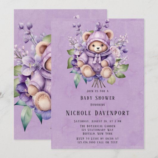 Violet Schattige Teddy Bear Bloemen Meisje Baby sh Kaart (Voorkant / Achterkant)