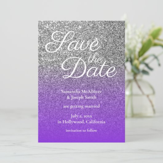 Violet Silver Ombre Glitter Save the Date Kaart (Staand voorkant)
