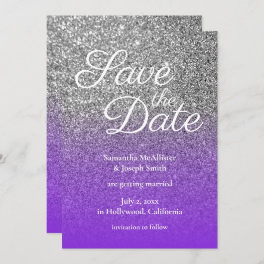 Violet Silver Ombre Glitter Save the Date Kaart (Voorkant / Achterkant)