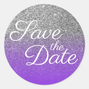 Violet Silver Ombre Glitter Save the Date Ronde Sticker