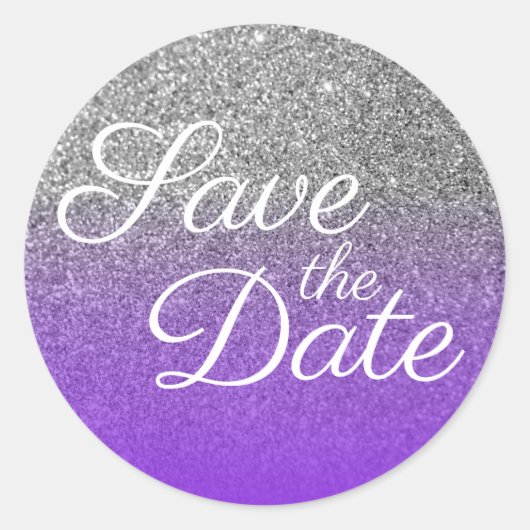 Violet Silver Ombre Glitter Save the Date Ronde Sticker (Voorkant)