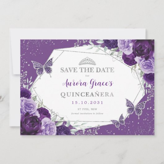 Violet Silver Quinceanera Floral Bewaar de datum Aankondiging (Voorkant)