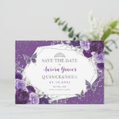 Violet Silver Quinceanera Floral Bewaar de datum Aankondiging (Staand voorkant)