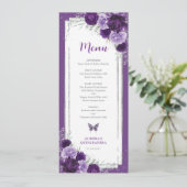 Violet Silver Rozen Quinceanera Verjaardag Menu Ka Kaart (Staand voorkant)