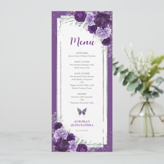 Violet Silver Rozen Quinceanera Verjaardag Menu Ka Kaart (Staand voorkant)