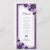Violet Silver Rozen Quinceanera Verjaardag Menu Ka Kaart (Voorkant)