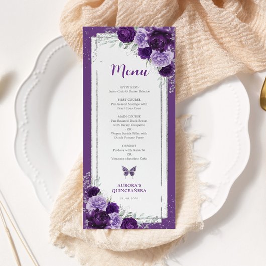 Violet Silver Rozen Quinceanera Verjaardag Menu Ka Kaart