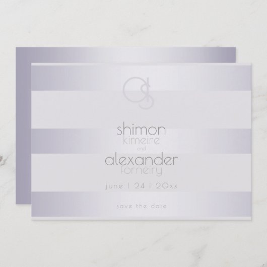 Violet Silver Shimmer Stripes Monogram Save The Date (Voorkant / Achterkant)